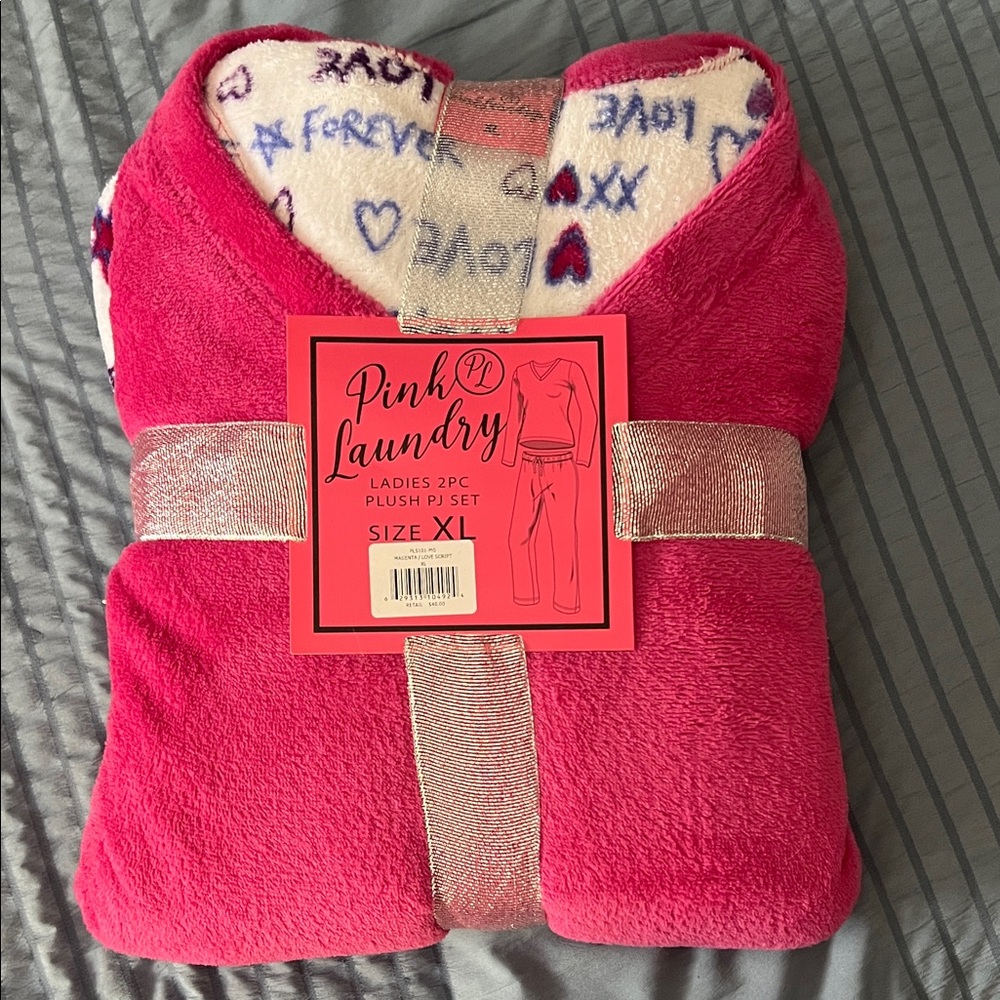 Pink Laundry Plush Ladies 2pc PJ Set - Bright Pink with Printed Lining size XL